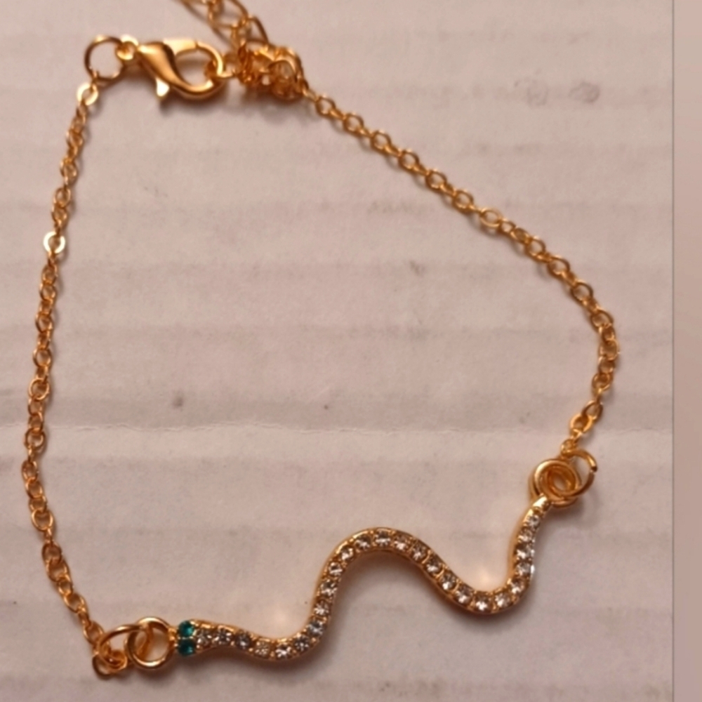 Green Eyes Gold Tone Rhinestone Snake 7" + 2" Extension Bracelet